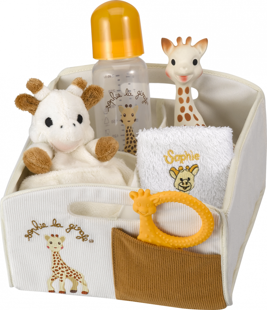 Coffret cadeau Sophie la Girafe en corbeille, 4 accessoires pour bébé