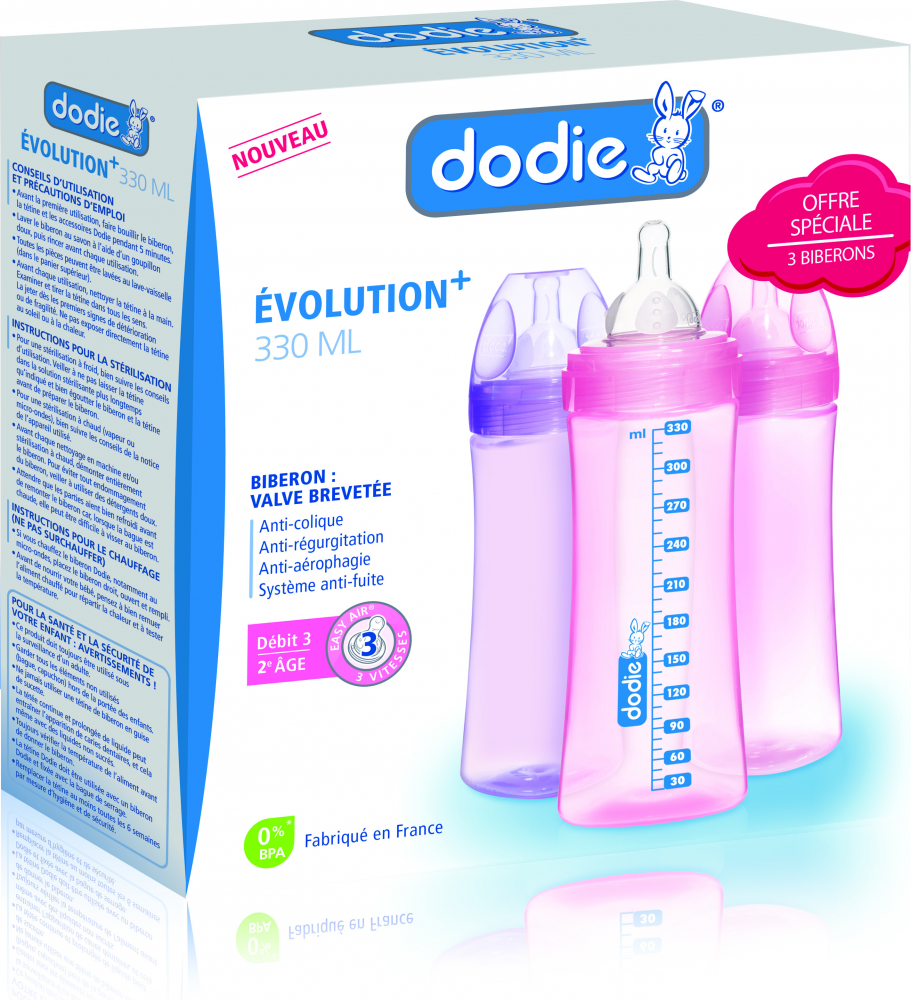 Coffret Dodie 3 biberons Evolution 330ml Rose - Definitive Dodie 4109001 -  Bébéluga