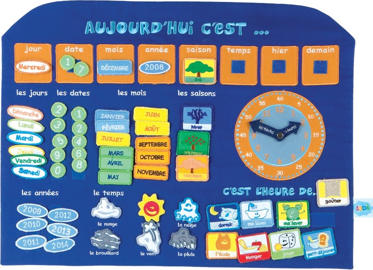 LUDI - Calendrier bleu pour enfant dès 3 ans. Panneau en tissu