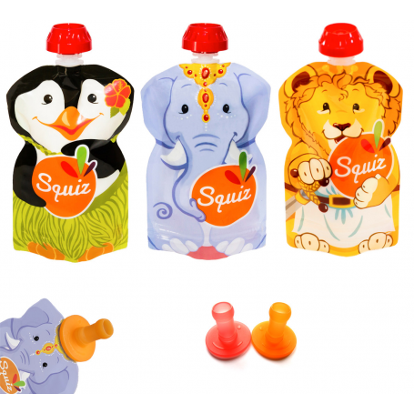 Pack de 3 gourdes Squiz réutilisables + 2 embouts en silicone