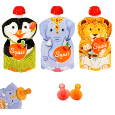 Pack de 3 gourdes Squiz réutilisables + 2 embouts en silicone